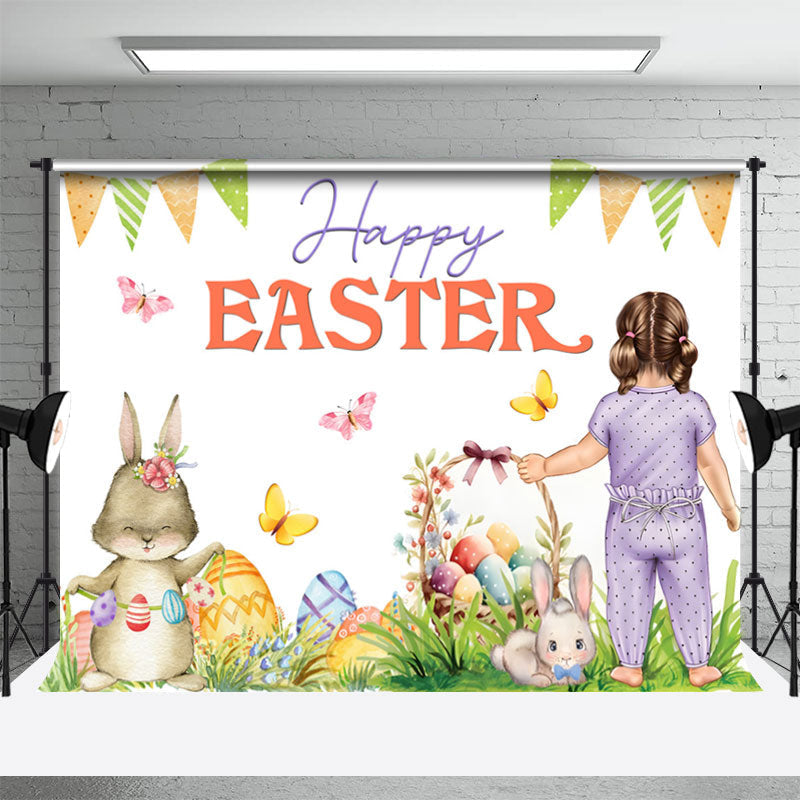 Aperturee - Floral Lovely Girl Rabbits Easter Backdrop For Photo