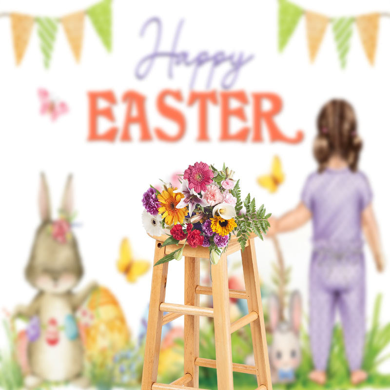 Aperturee - Floral Lovely Girl Rabbits Easter Backdrop For Photo