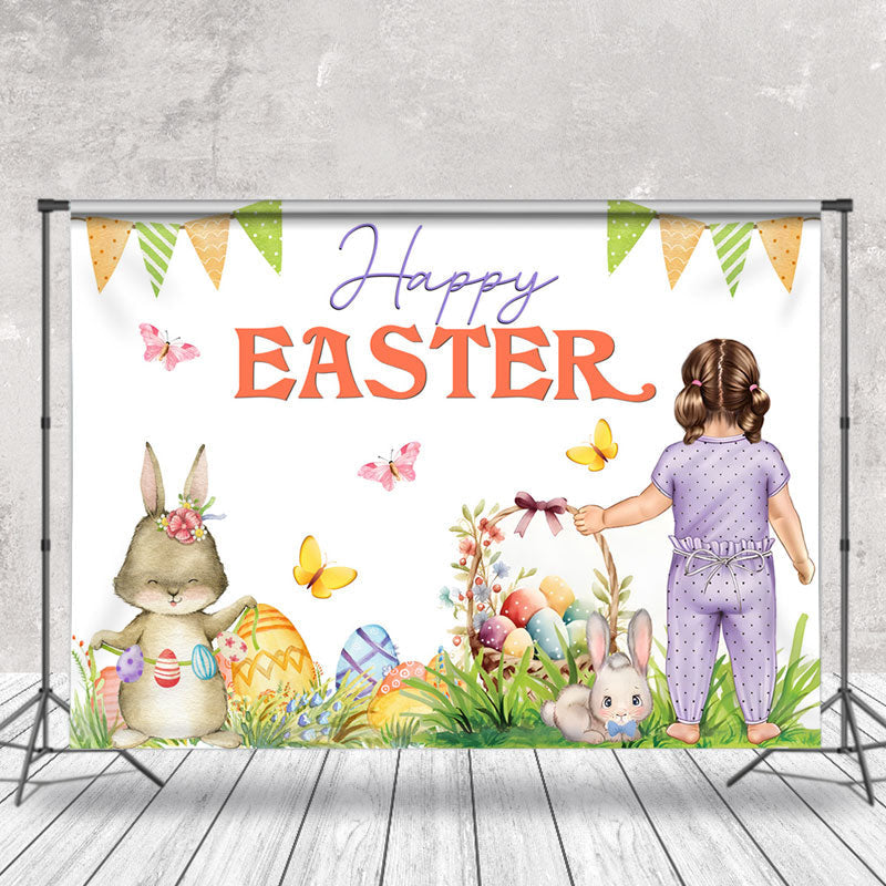 Aperturee - Floral Lovely Girl Rabbits Easter Backdrop For Photo