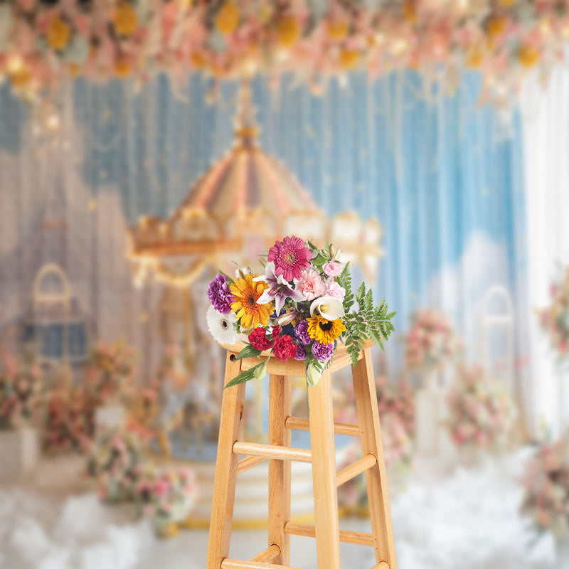 Aperturee - Floral Merry Go Round Blue Curtain Cloud Backdrop