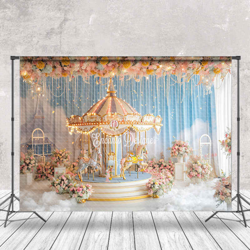 Aperturee - Floral Merry Go Round Blue Curtain Cloud Backdrop