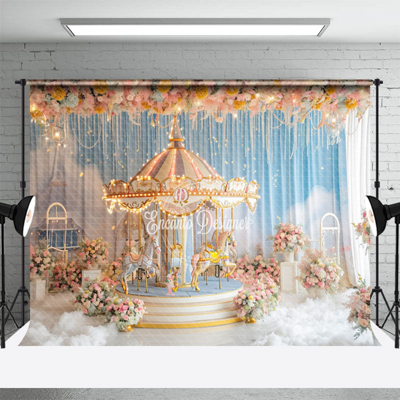 Aperturee - Floral Merry Go Round Blue Curtain Cloud Backdrop