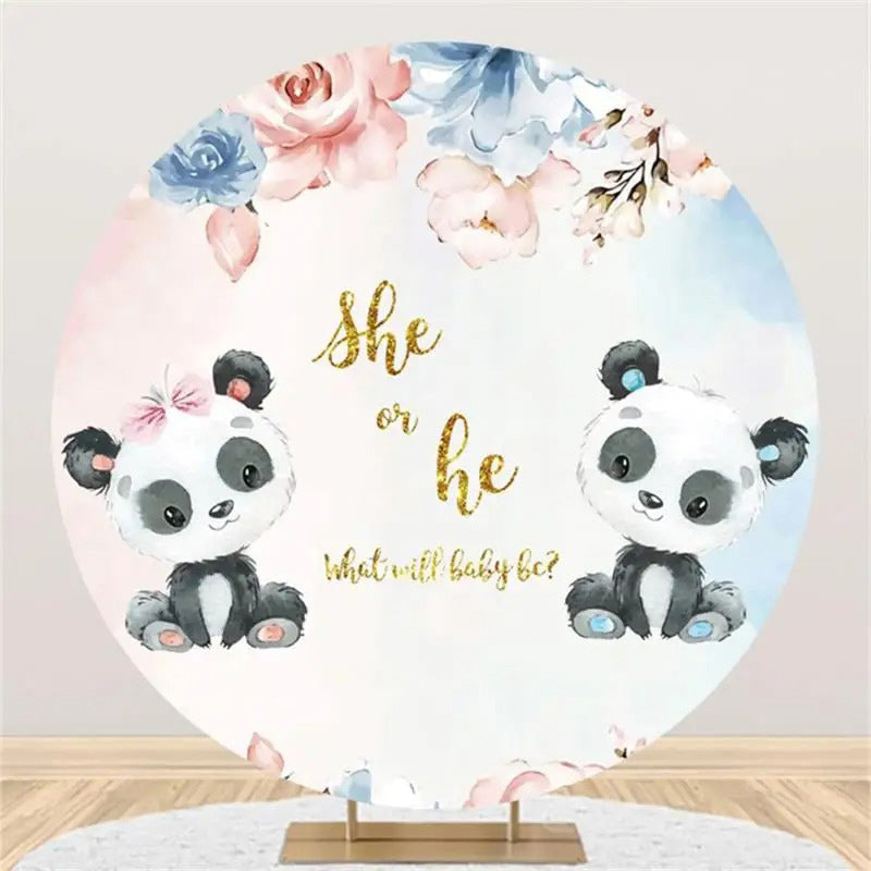 Aperturee - Floral Panda She Or He Round Gender Reveal Backdrop