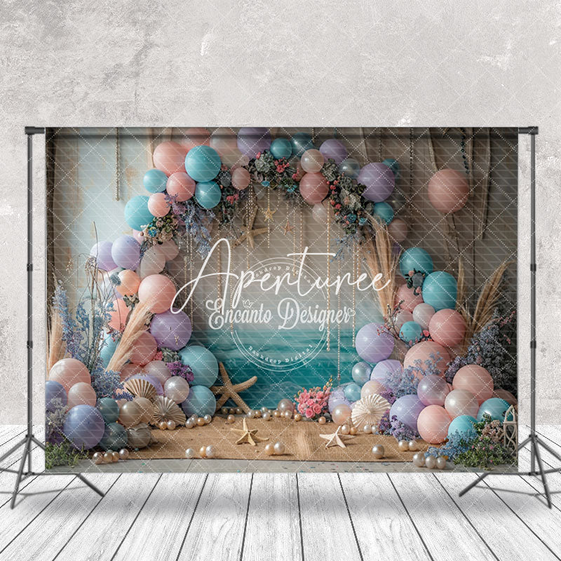 Aperturee - Floral Pearl Balloons Coastal Cake Smash Backdrop