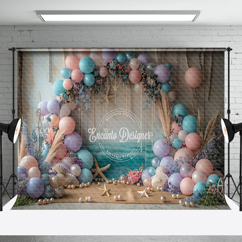 Aperturee - Floral Pearl Balloons Coastal Cake Smash Backdrop