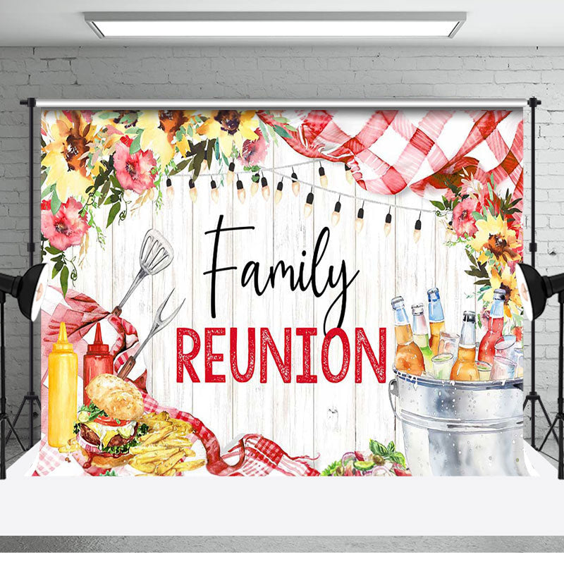 Aperturee - Floral Picnic Food Wooden Family Reunion Backdrop