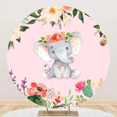 Aperturee - Floral Pink Elephant Round Baby Shower Backdrop