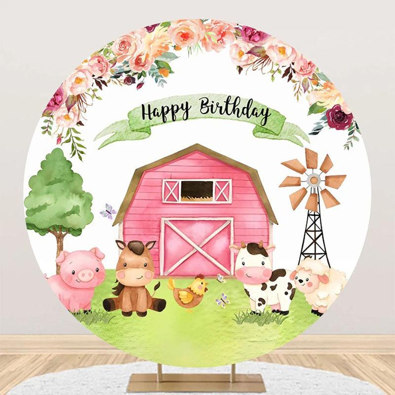 Aperturee - Floral Pink Farm Animals Round Birthday Backdrop