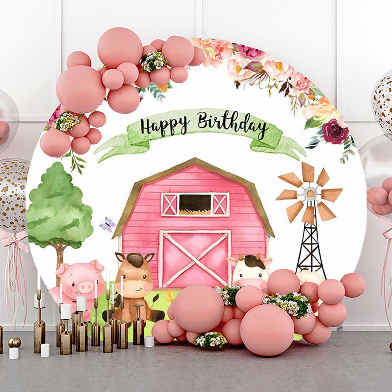 Aperturee - Floral Pink Farm Animals Round Birthday Backdrop