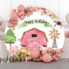 Aperturee - Floral Pink Farm Animals Round Birthday Backdrop