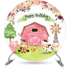 Aperturee - Floral Pink Farm Animals Round Birthday Backdrop