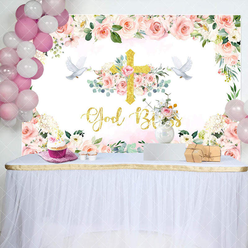 Aperturee - Floral Pink God Bless Girl Baptism Backdrop