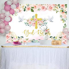 Aperturee - Floral Pink God Bless Girl Baptism Backdrop