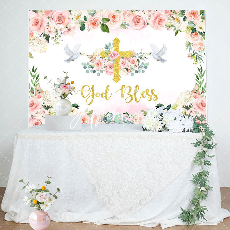 Aperturee - Floral Pink God Bless Girl Baptism Backdrop