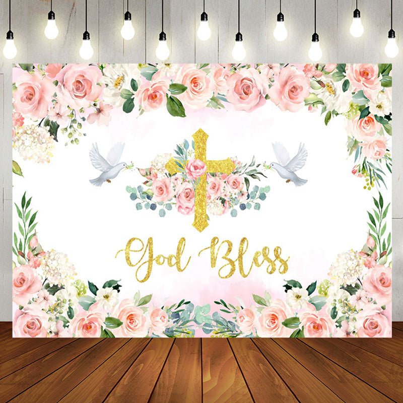 Aperturee - Floral Pink God Bless Girl Baptism Backdrop