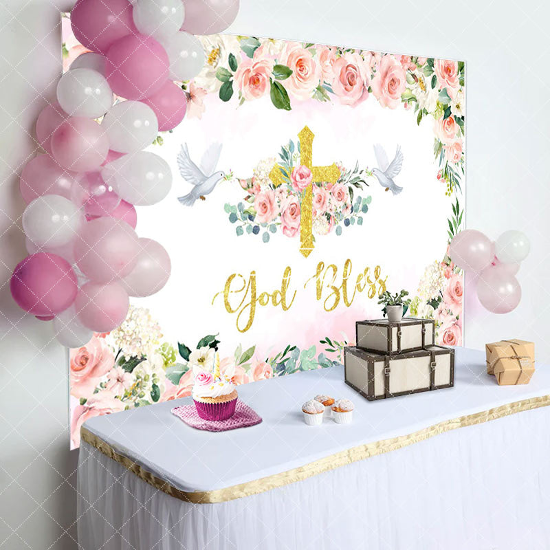 Aperturee - Floral Pink God Bless Girl Baptism Backdrop