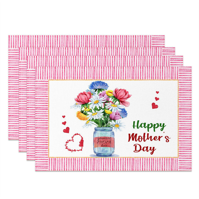 Aperturee - Floral Pink Heart Mothers Day Set Of 4 Placemats