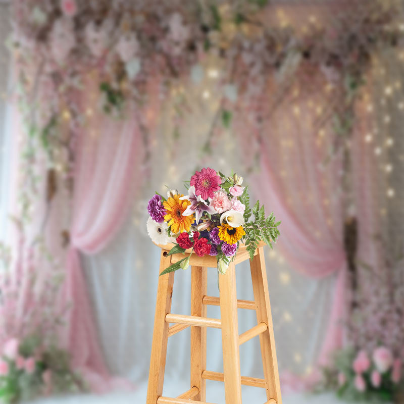 Aperturee - Floral Pink White Curtain Light Photography Backdrop