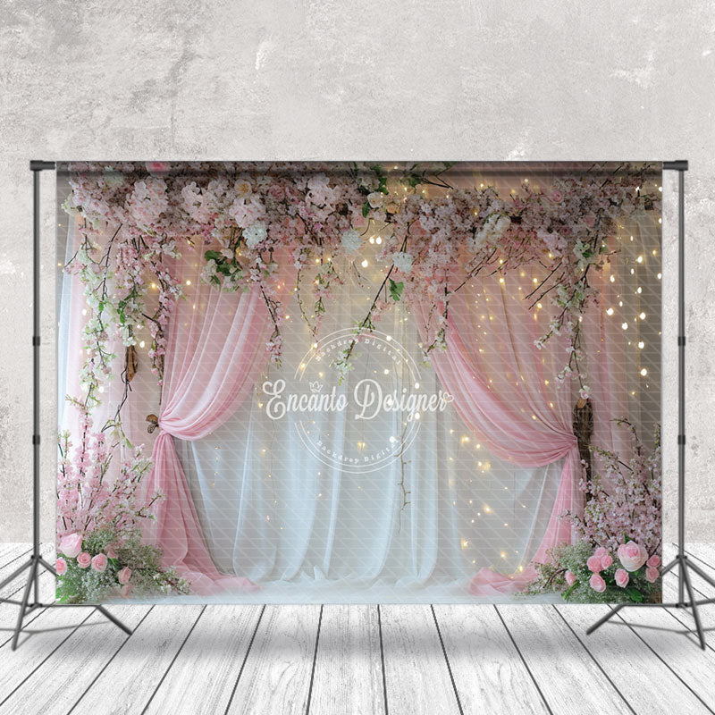 Aperturee - Floral Pink White Curtain Light Photography Backdrop