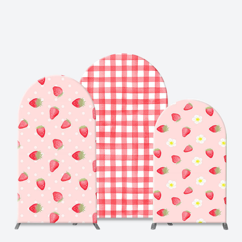 Aperturee - Floral Pink White Strawberry Plaid Arch Backdrop Kit