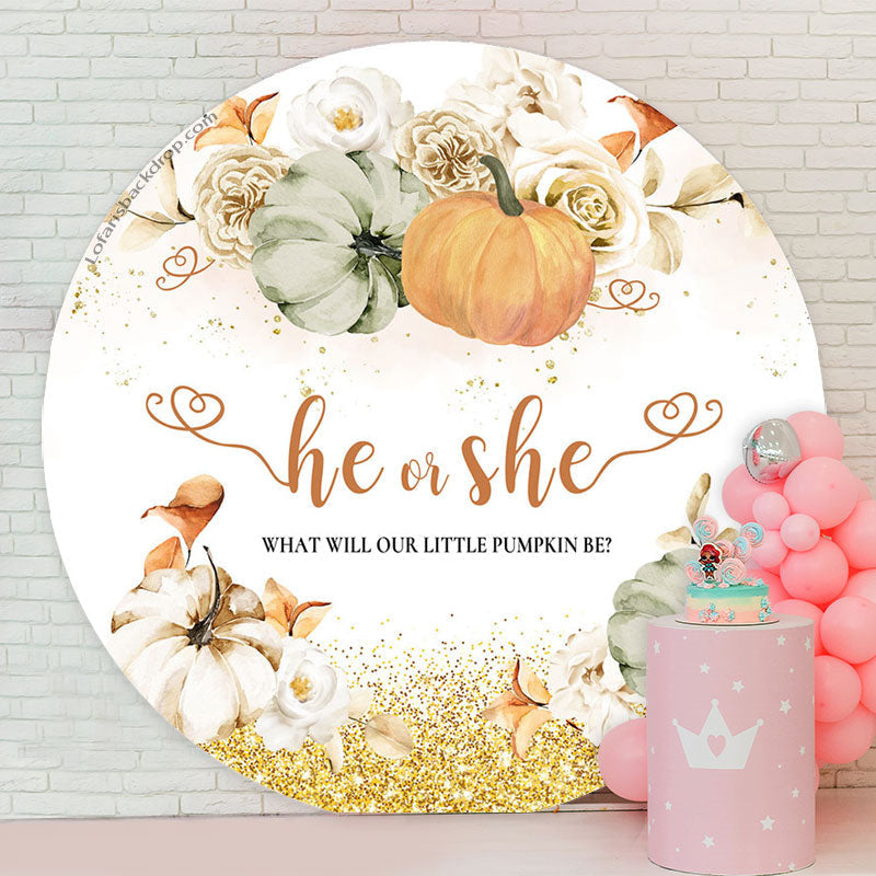 Aperturee - Floral Pumpkin He Or She Round Gender Reveal Backdrop