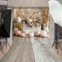 Aperturee - Floral Pumpkins Wooden Floor Sweep Wedding Backdrop