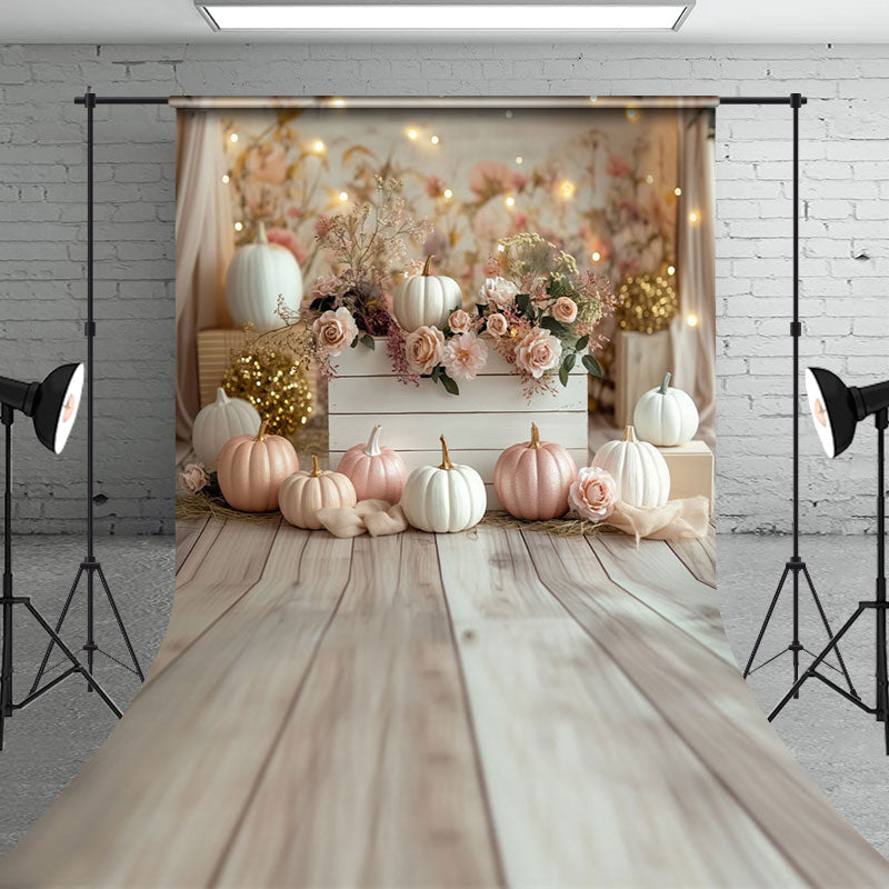 Aperturee - Floral Pumpkins Wooden Floor Sweep Wedding Backdrop