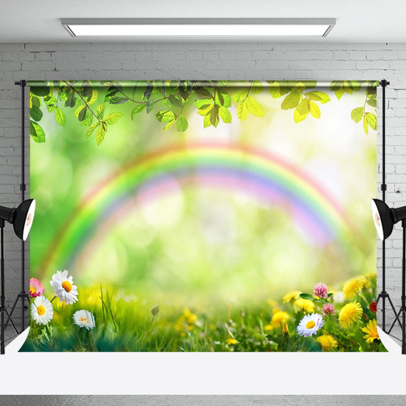 Aperturee - Floral Rainbow Meadow Bokeh Spring Photo Backdrop