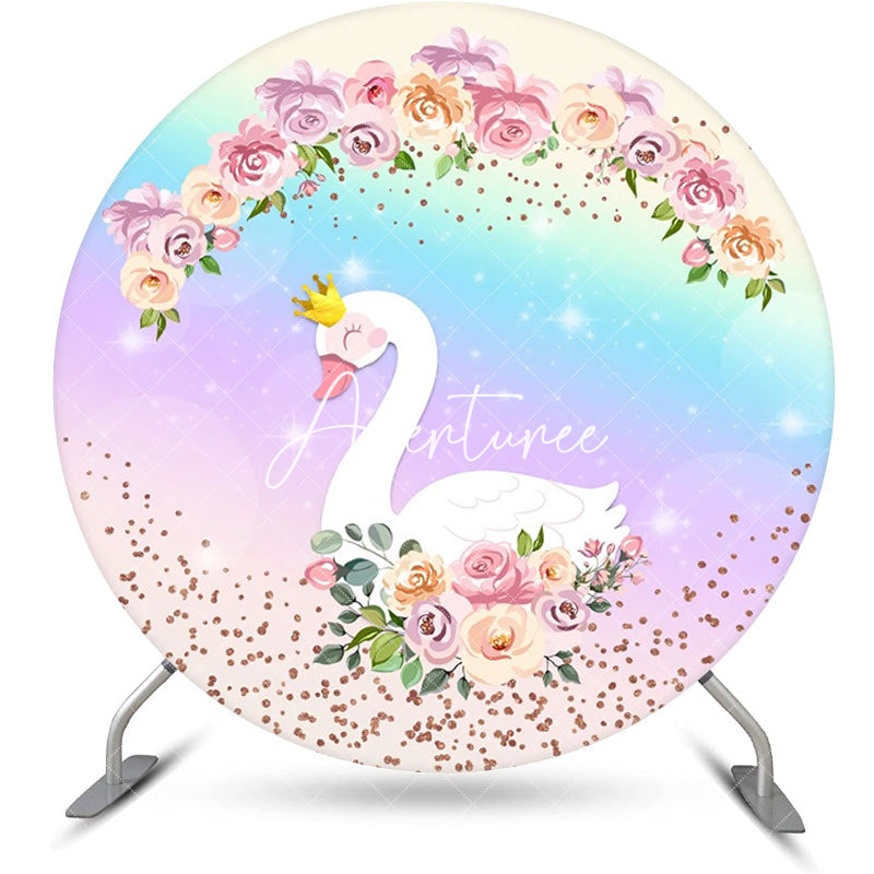 Aperturee - Floral Rainbow Sparkle Swan Round Birthday Backdrop