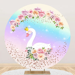 Aperturee - Floral Rainbow Sparkle Swan Round Birthday Backdrop