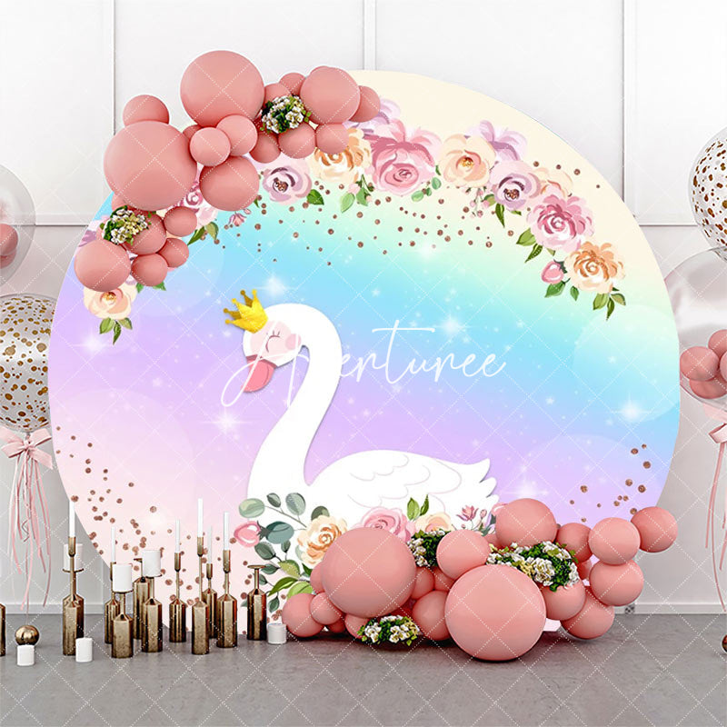 Aperturee - Floral Rainbow Sparkle Swan Round Birthday Backdrop