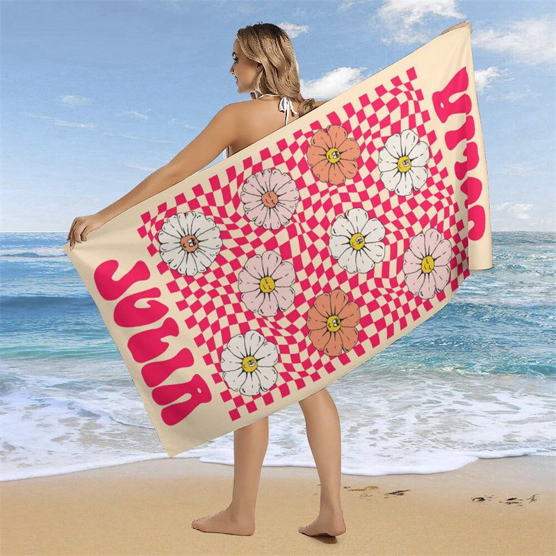 Aperturee - Floral Red Plaid Custom Name Beach Towel for Girl