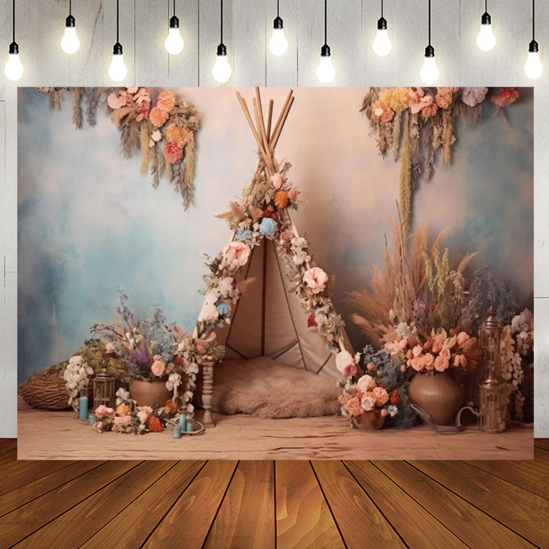 Aperturee - Floral Reed Tent Boho Birthday Backdrop for Girls