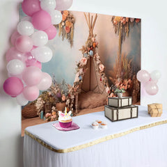 Aperturee - Floral Reed Tent Boho Birthday Backdrop for Girls