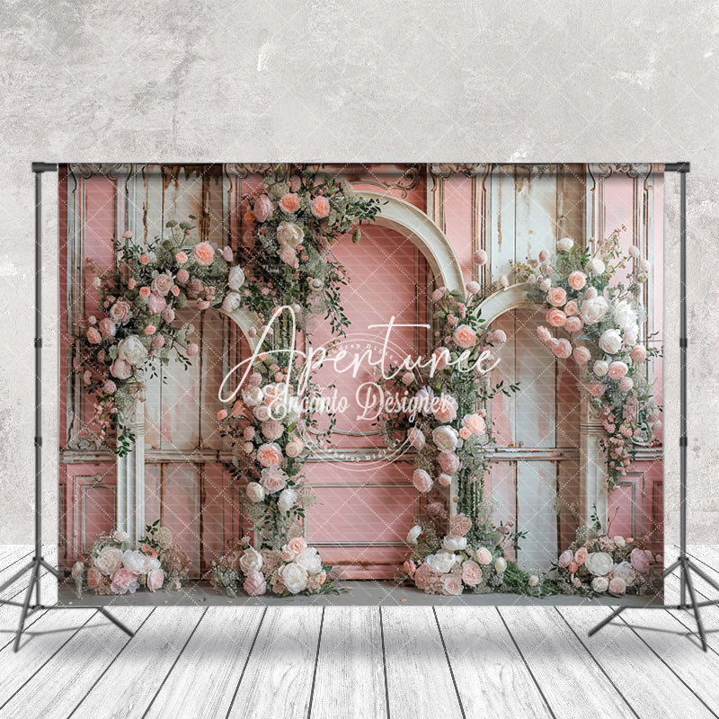 Aperturee - Floral Retro Pink White Wall Wedding Photo Backdrop