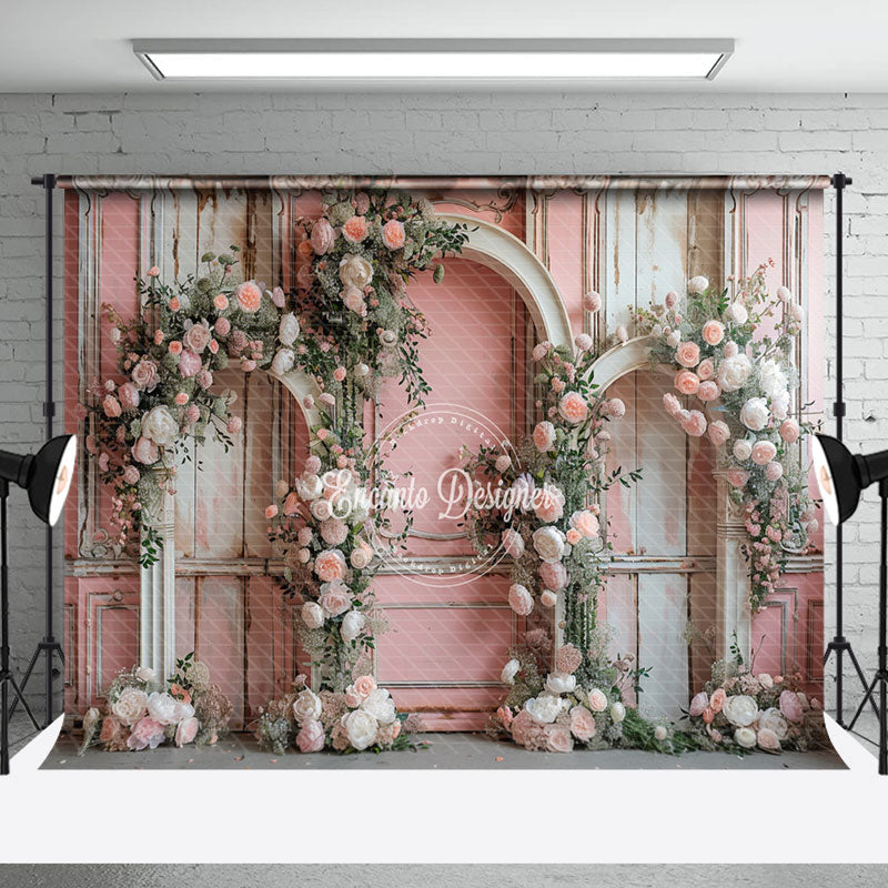 Aperturee - Floral Retro Pink White Wall Wedding Photo Backdrop