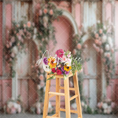 Aperturee - Floral Retro Pink White Wall Wedding Photo Backdrop