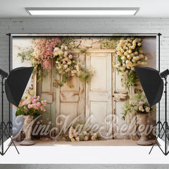 Aperturee - Floral Shabby Wooden Door Brick Wall Spring Backdrop