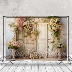 Aperturee - Floral Shabby Wooden Door Brick Wall Spring Backdrop