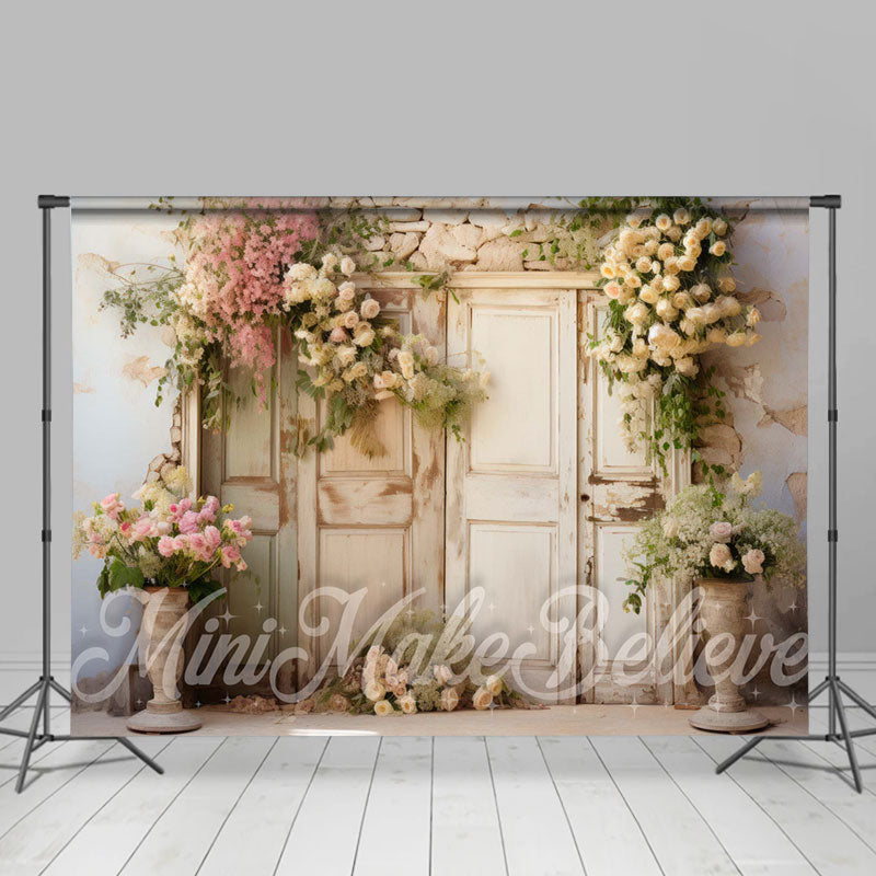 Aperturee - Floral Shabby Wooden Door Brick Wall Spring Backdrop