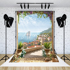 Aperturee - Floral Steps Sea Buildings Photo Studio Backdrop