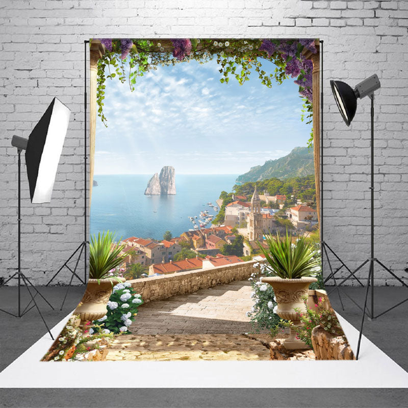 Aperturee - Floral Steps Sea Buildings Photo Studio Backdrop