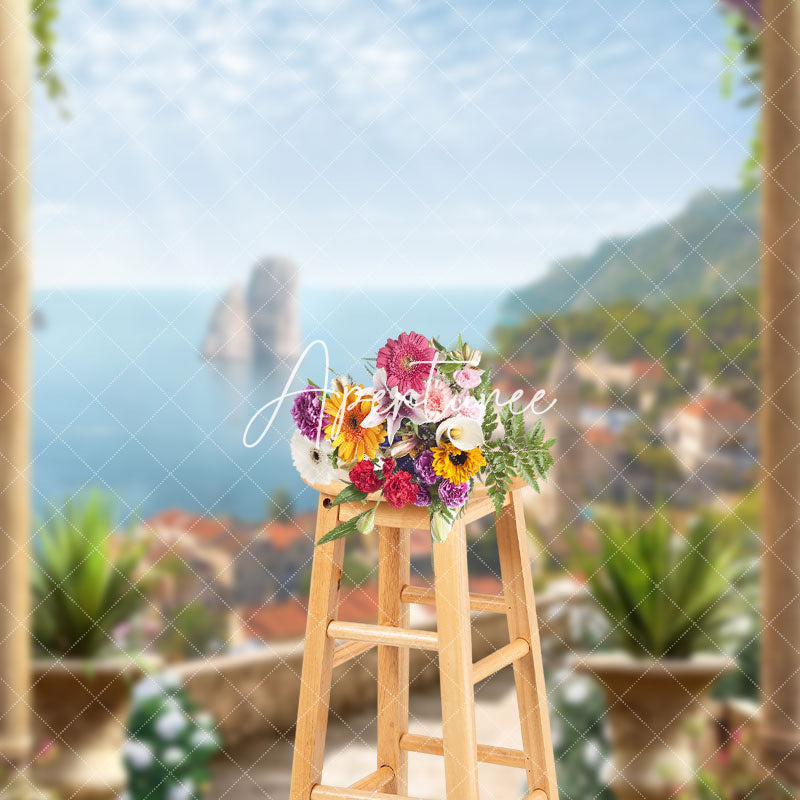 Aperturee - Floral Steps Sea Buildings Photo Studio Backdrop