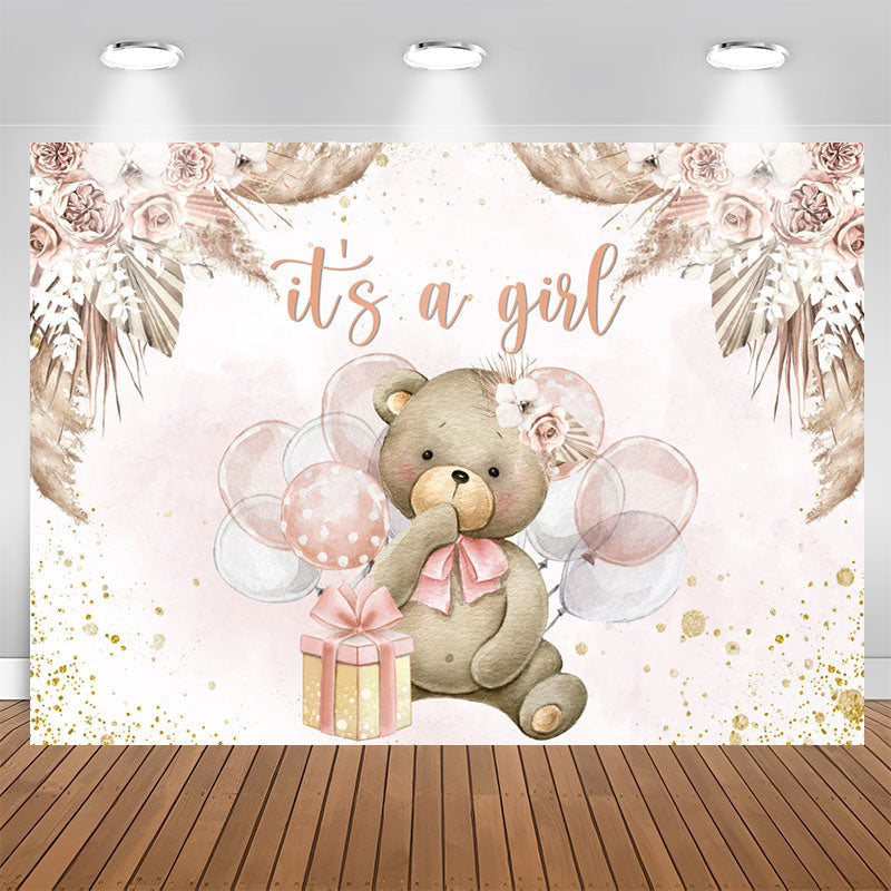 Aperturee - Floral Teddy Bear With Balloon Baby Shower Backdrop