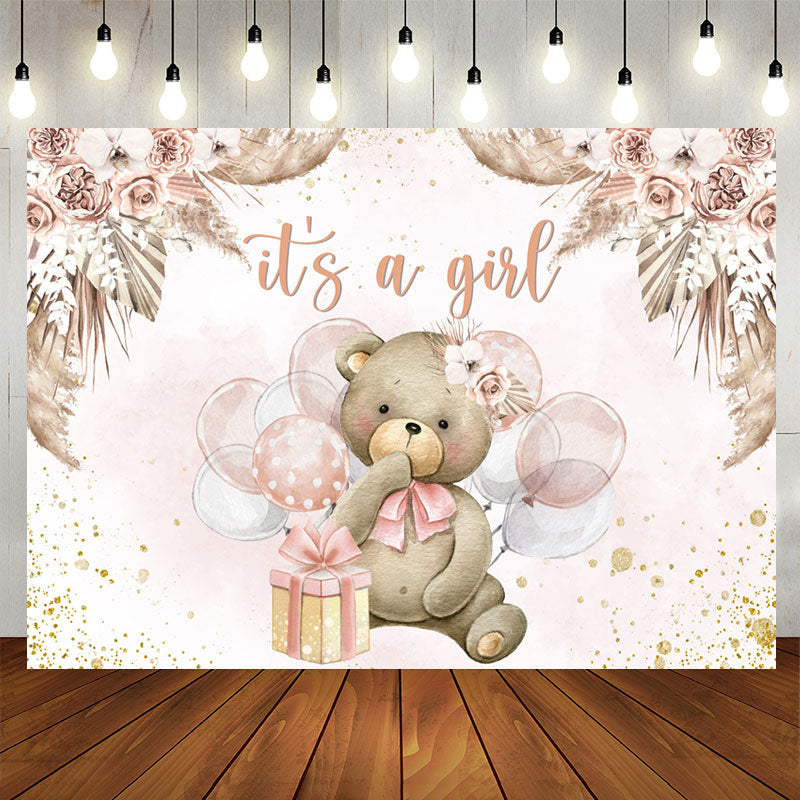 Aperturee - Floral Teddy Bear With Balloon Baby Shower Backdrop