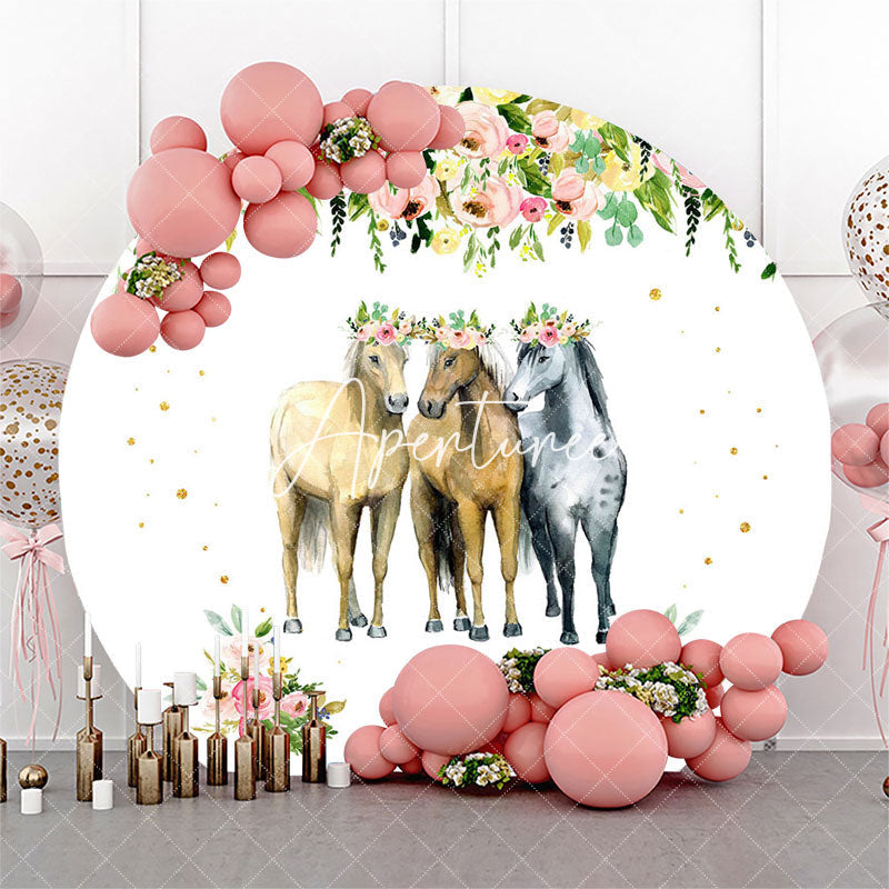 Aperturee Floral Three horses Round Birthday Party Backdrop