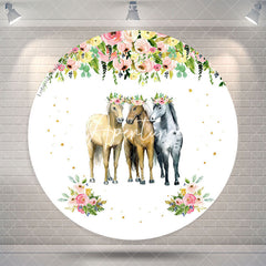 Aperturee Floral Three horses Round Birthday Party Backdrop