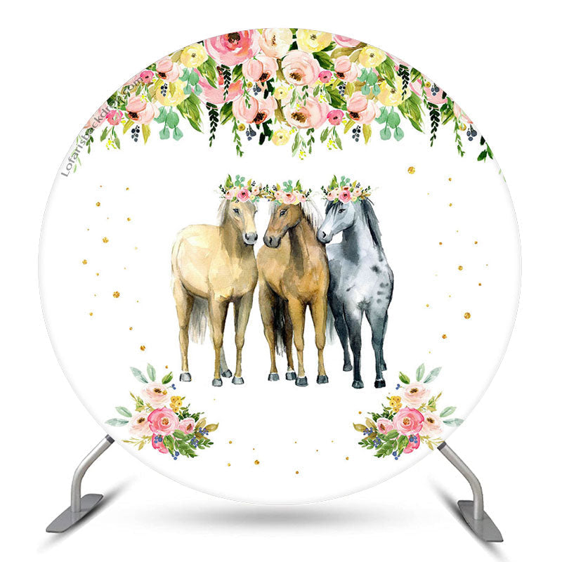 Aperturee Floral Three horses Round Birthday Party Backdrop