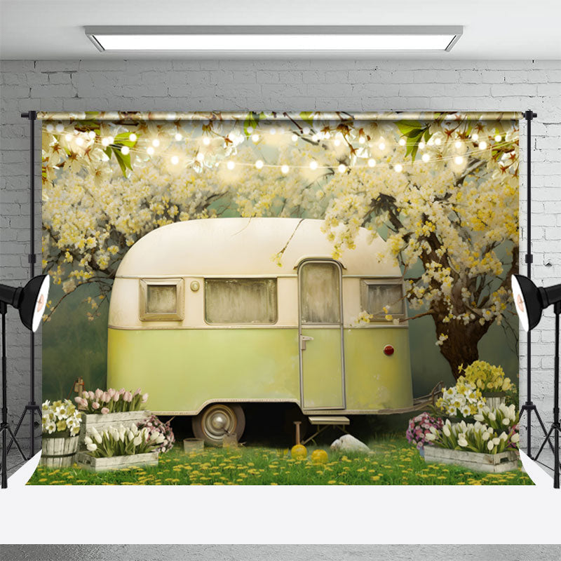 Aperturee - Floral Tree Vintage Car Green Grass Spring Backdrop