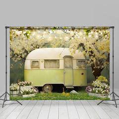 Aperturee - Floral Tree Vintage Car Green Grass Spring Backdrop